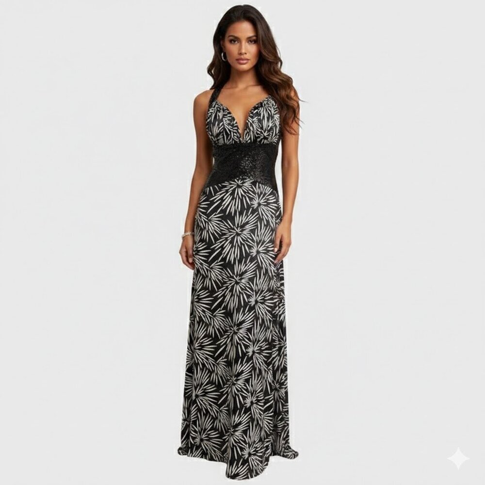 Chic Black and White Patterned Prom Dress